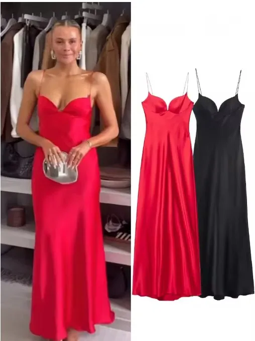 KIDCRKJ Sommer-Damenkleid in Rot mit V-Ausschnitt im Urlaubsstil, Satin-Textur, langes Kleid, ärmellos, Damenkleid mit Reißverschluss hinten, modische Sling-Kleider