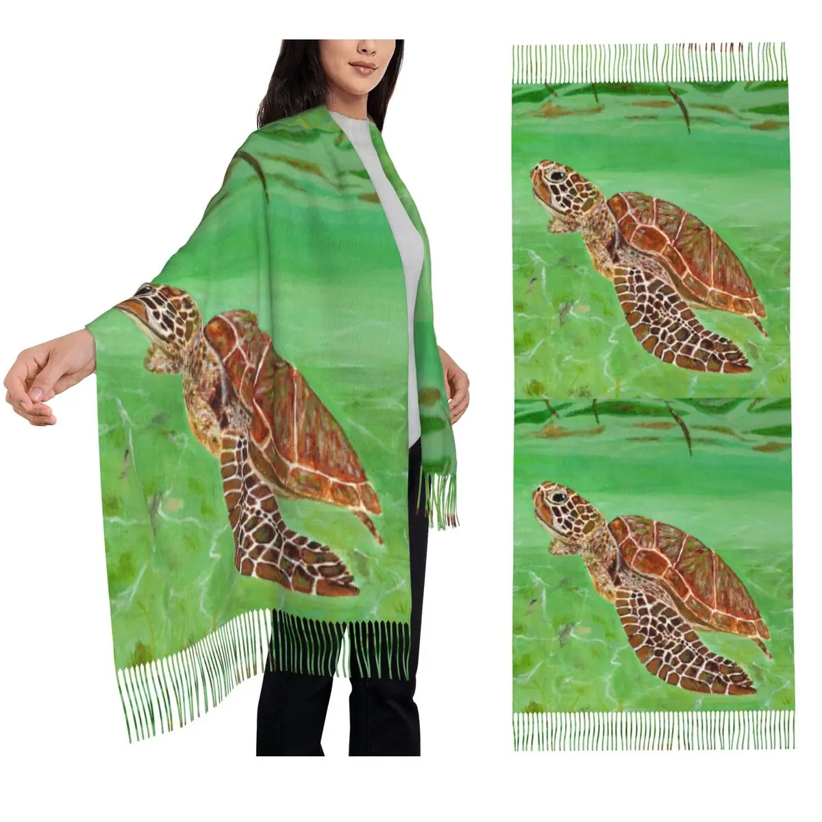 

Зеленый шарф для кормления черепахи, шарфы с кисточками для женщин, мягкие теплые шали и накидки, длинная осенне-зимняя шаль