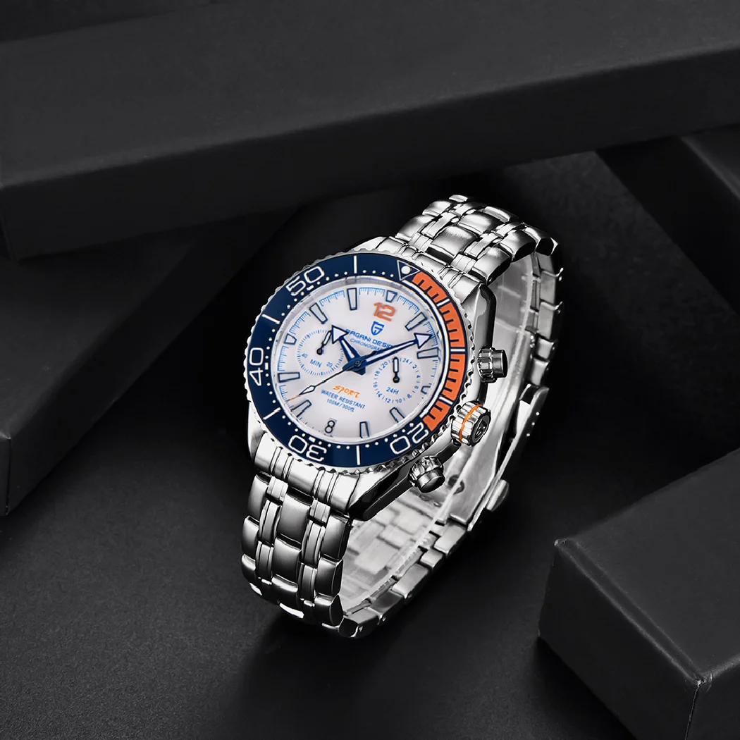 Pagani Design Nieuwe Sport Quartz Heren Horloge Topmerk Roestvrij Staal Waterdichte Chronograaf Saffier Glas Automatische Datum