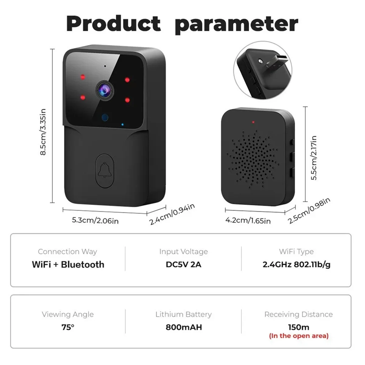 WiFi Doorbell Home Tuya WiFi Wireless Doorbell DC AC Battery Powered Camera Bell with Alexa Google Doorbell Camera(A)