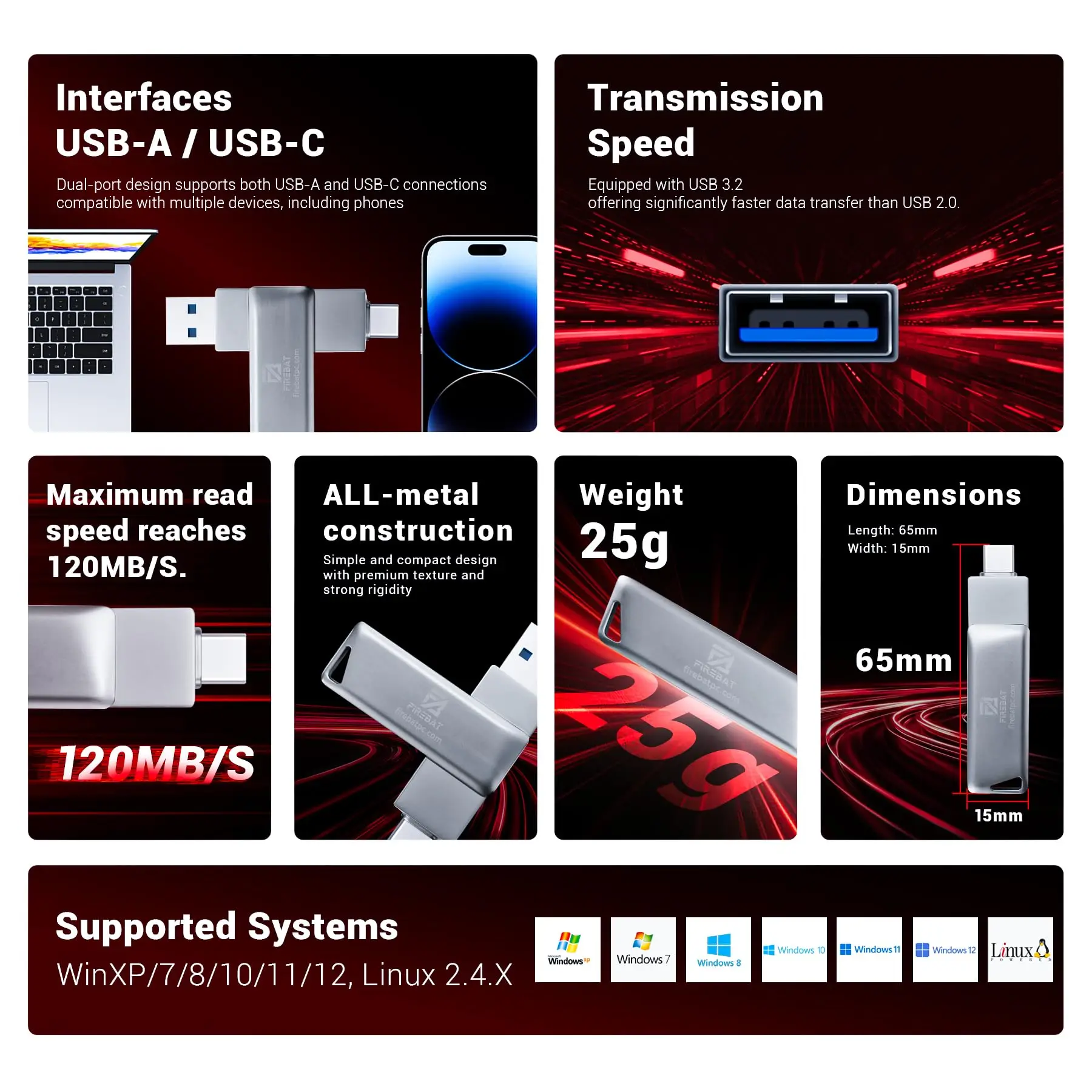 محرك أقراص فلاش Firebat USB، محرك أقراص USB-C وUSB-A سعة 64 جيجابايت مزدوج 2 في 1 وUSB-A 3.2، لهاتف iPhone 15 وما بعد ذلك، هاتف Android، Tablet، MacBook،