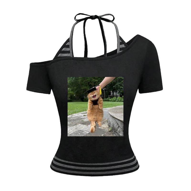 

2025 Spring/Summer New European and American Y2K Sexy Temperament Women's T-shirt Gothic Printed Pattern Two Piece Set Strap