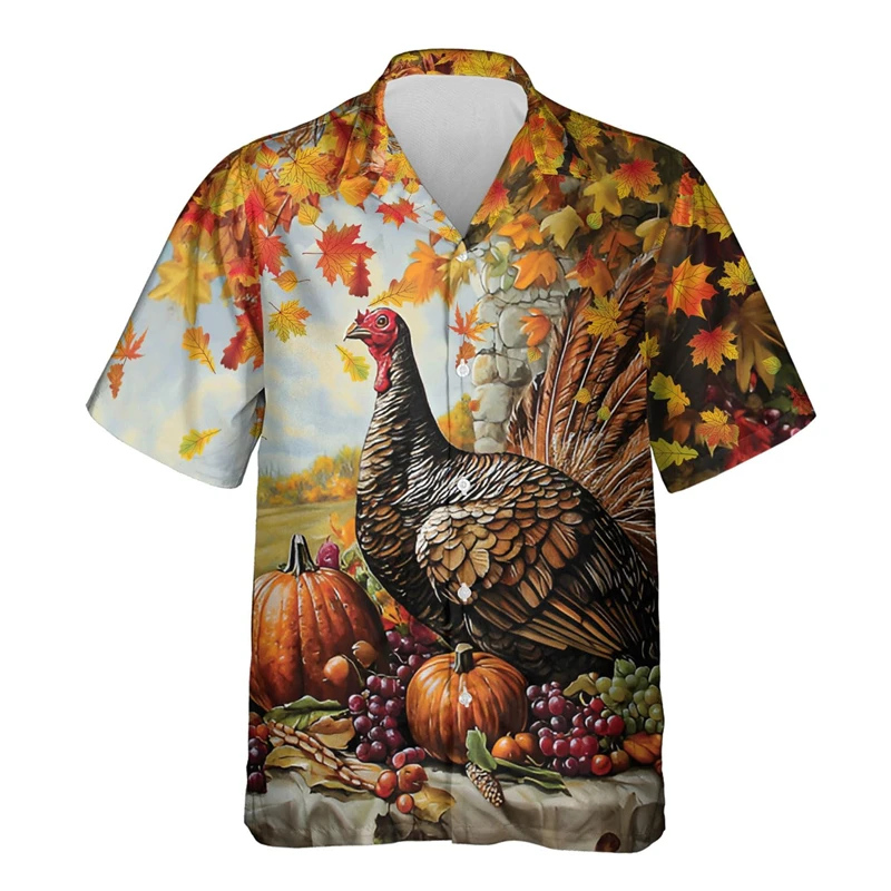 

Happy Thanksgiving Day Turkey With Pumpkin Graphic Hawaiian Shirts For Men Casual Short Sleeve Button Up Tee Shirts Tops Blouses