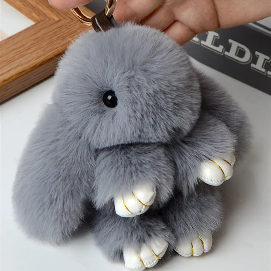 Cute Gray Color Fluffy Rabbit Fur Pompon Bunny Keychain for Girls bag car key chain jewelry Christmas Gifts