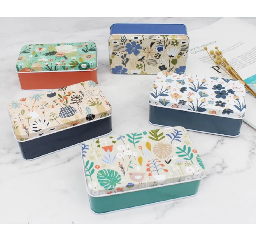 1PC New Vintage Flower Rectangular 11.5 x 7 x 4cm Candy Tin Box With Lid Cartoon Animal Unicorn Cotton/Swab/Jewelry Storage Box