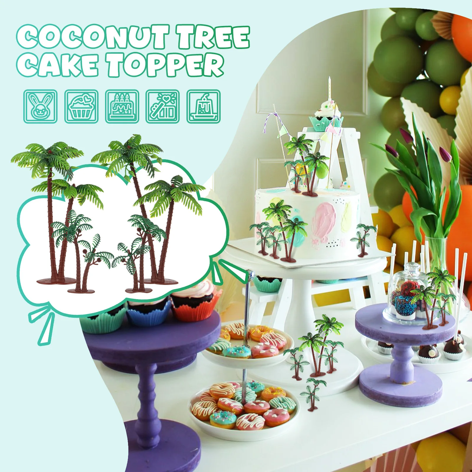 16개 인공 코코넛 나무 케이크 토퍼 귀여운 해변 테마 컵케이크 장식 하와이 루아우 축제용