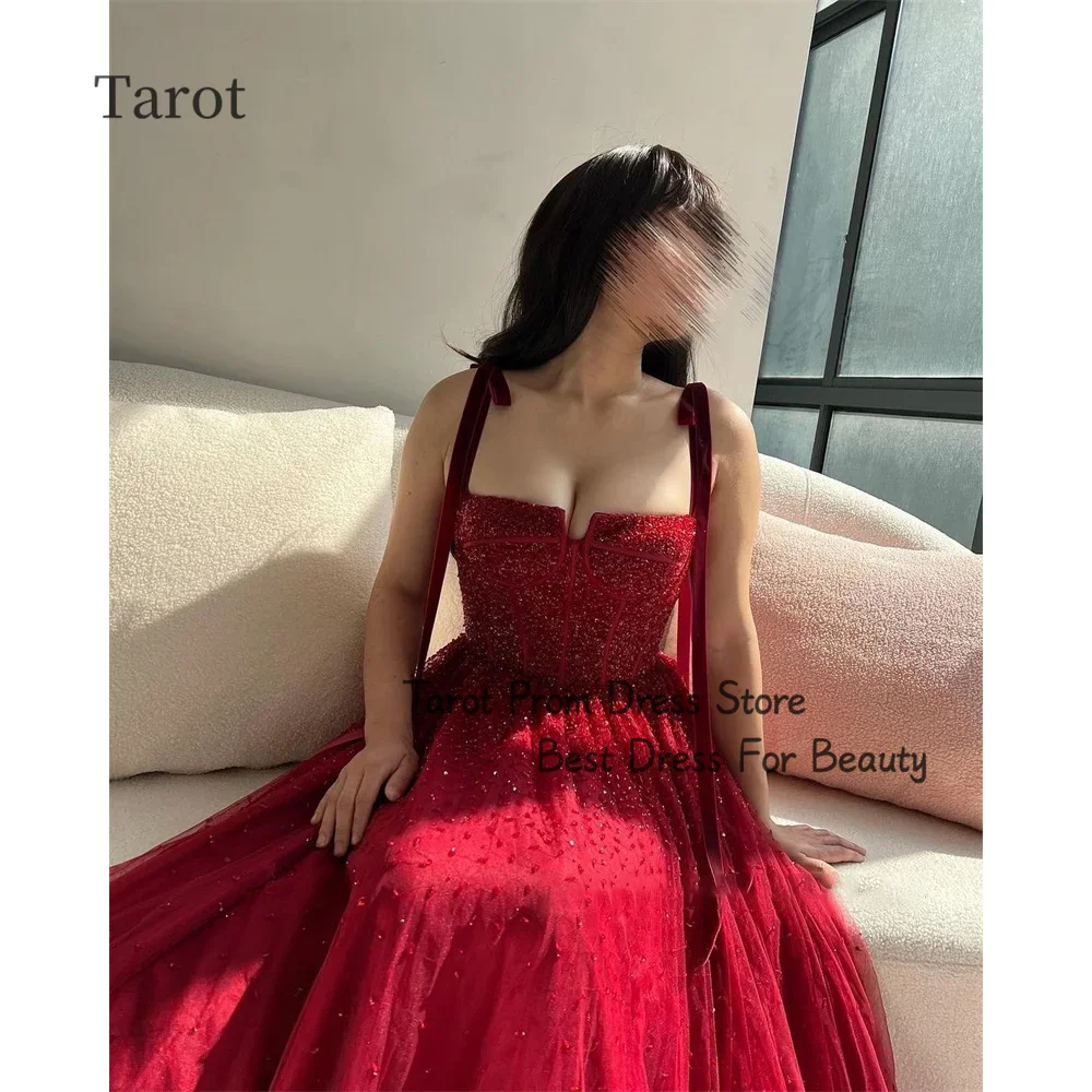 Tarot Red Spaghetti Straps Prom Dresses Tulle A Line Elegant Evening Dress For Women Floor Length Saudi Arabia فساتين سهرة