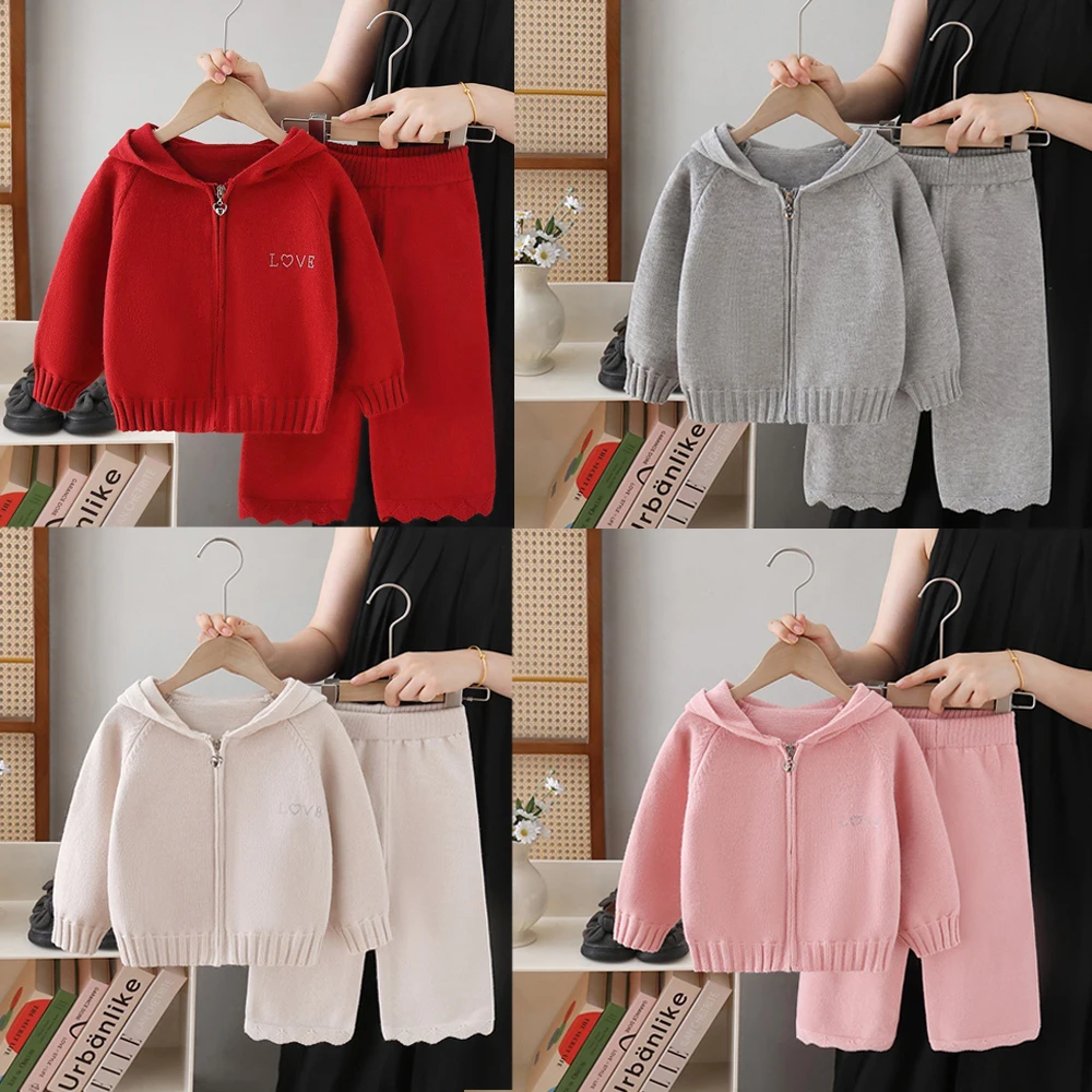 

Осенне-весенний вязаный комплект с капюшоном для детей, свитер на молнии с длинными рукавами, комплект из 2 предметов, комплект из топа и брюк, детская одежда для детей от 1 до 6 лет, повседневный однотонный цвет