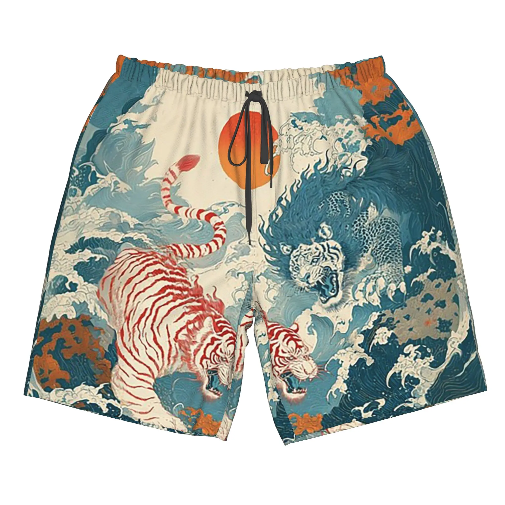 Artistic Tiger and Lion Tough,Japanese Art Trunks Beach Board Shorts Casual Quick Dry Swim Summer Men Pants