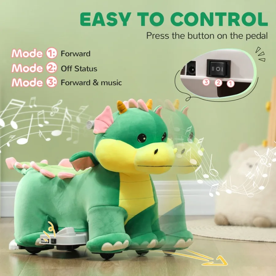 Qaba 6V Ride on Horse Battery Powered Ride on Toy Triceratops Shaped Electric Animal Car with Music Forward PU Wheels for Girls
