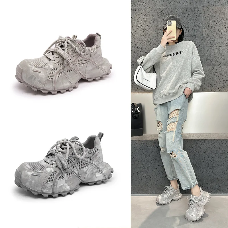 

Women's Thick Bottom Dad Shoes Spring 2026 New Double Lace Breathable Mesh All-Match Sports Casual Trendy High Top Princess S...