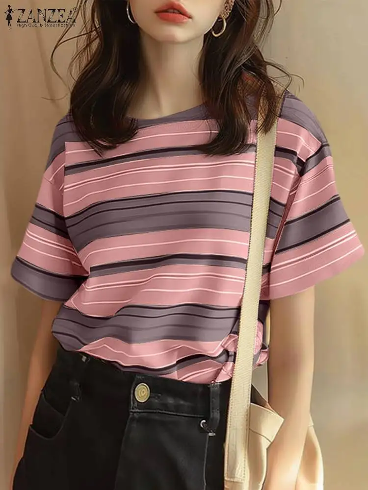 ZANZEA-Camiseta Coreana de manga con hombros caídos para mujer, blusa a rayas Harajuku, Tops holgados que combinan con todo, Camiseta de cuello redondo a la moda de verano 2024