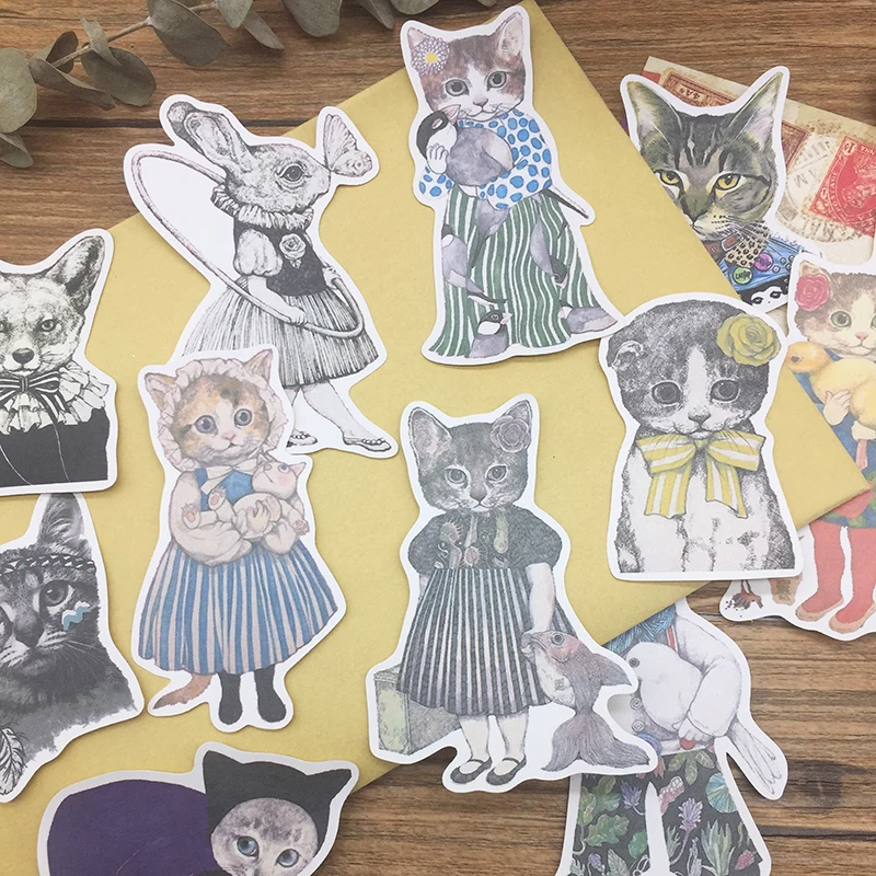 15pcs Cat Animal Comic Sticker DIY Scrapbooking Journal Base Collage Mobile Computer Diary Happy Plan Decoration Sticker