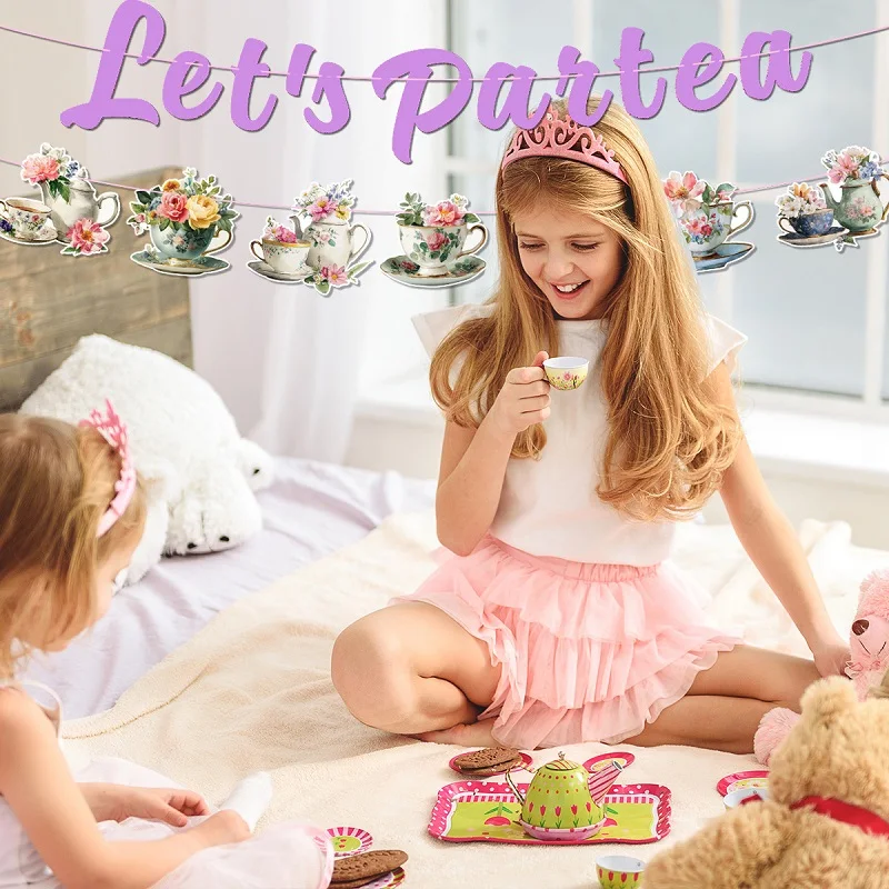 Afternoon Tea Party Decorations Backdrops Hanging Banners Letter Banners, Vases, Teacups, Teapots, Let's Partea Pull Flag