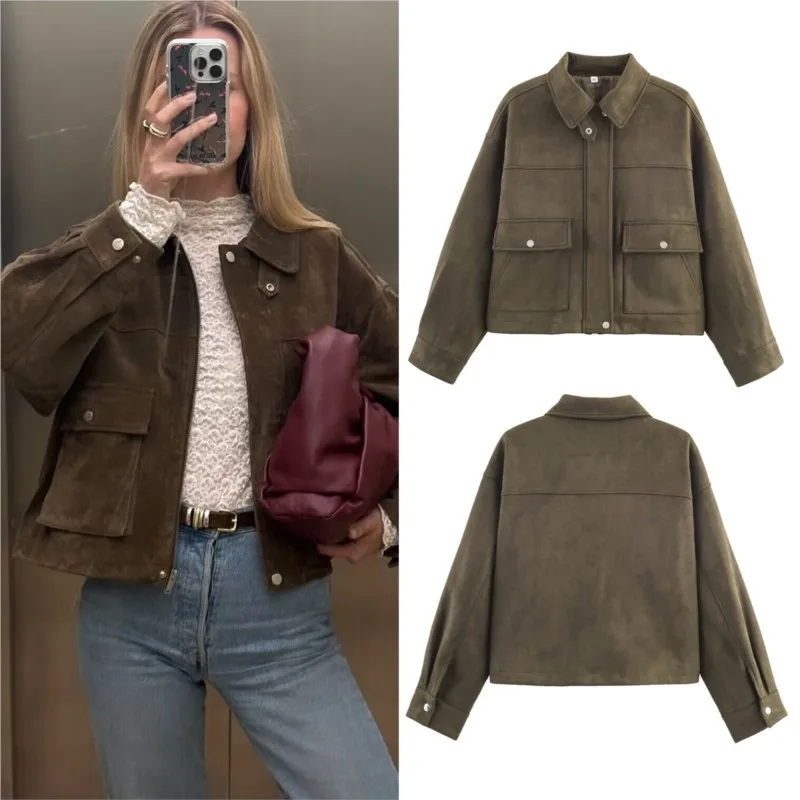

Strappy Details Loose-Fit Design Stylish Coat Autmn Daily Coats 2025 Autumn New Women's Jacket Faux Suede Texture Outerwear