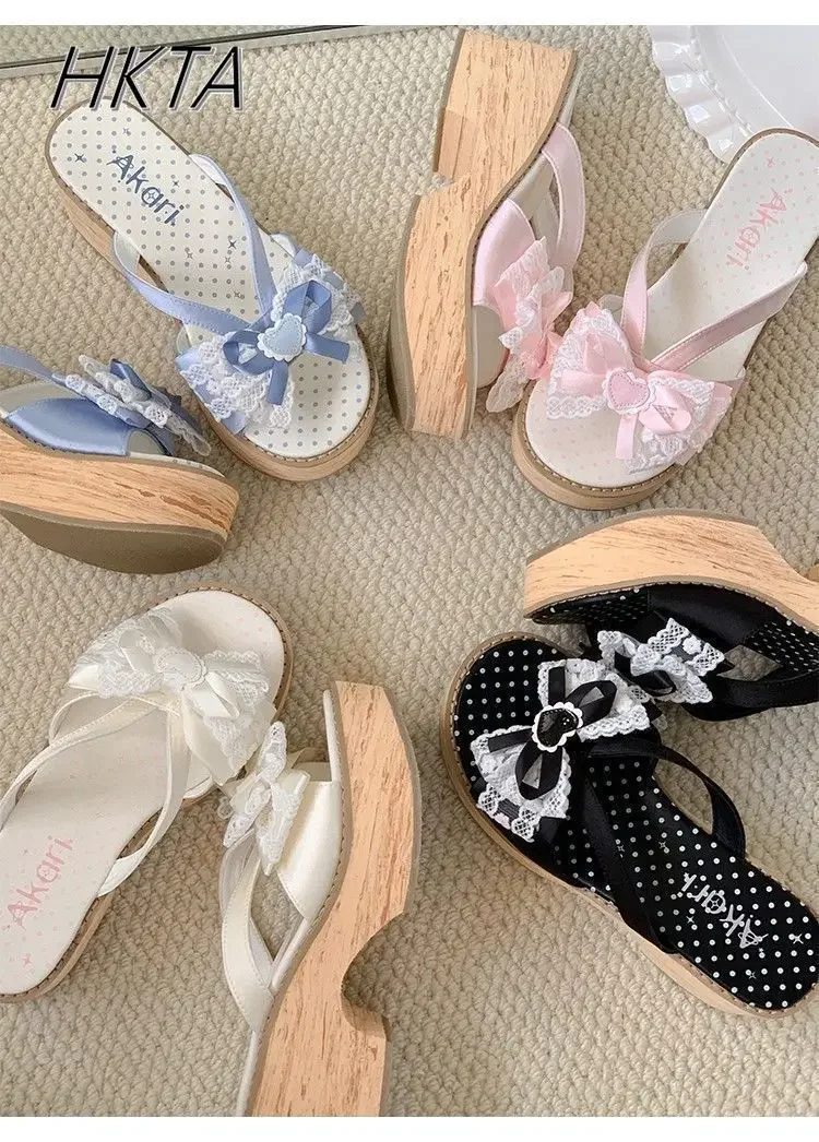 Japanese Cos Clogs Slippers Women Summer New Sweet Bow Wood Grain Thick-bottomed Comfortable Platform Shoes High-heeled Slippers