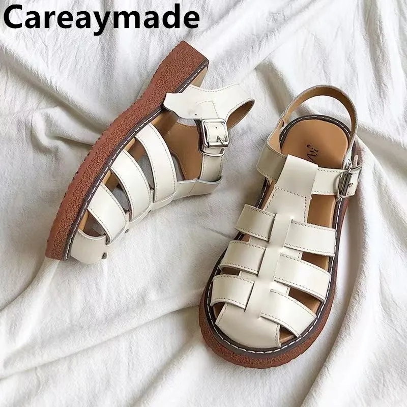 

Careaymade-Head layer cowhide pure handmade Leisure Summer buckle sandals breathable, light soft flat sole, hand-made sandals