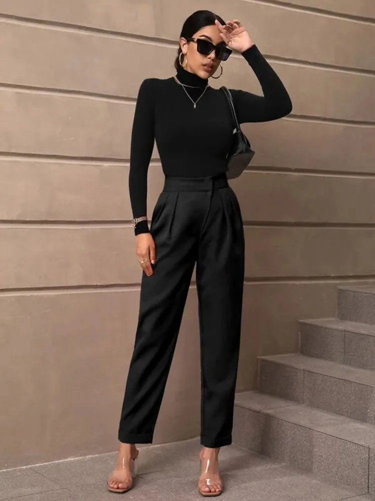 2024 Fashion Casual Women\'s High-waisted Solid Black Color Ninth Pants Suit Diagonal Pocket Tapered Trousers And Pants