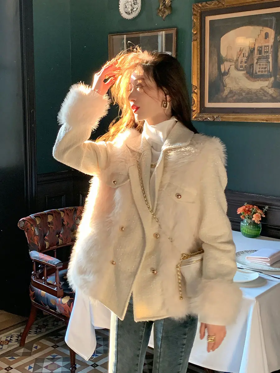 Korea Women Fluffy Jacket Winter Clothes Faux-Fur Coats Small Fragrance Patchwork Casual Outwear Female Loose Overcoat