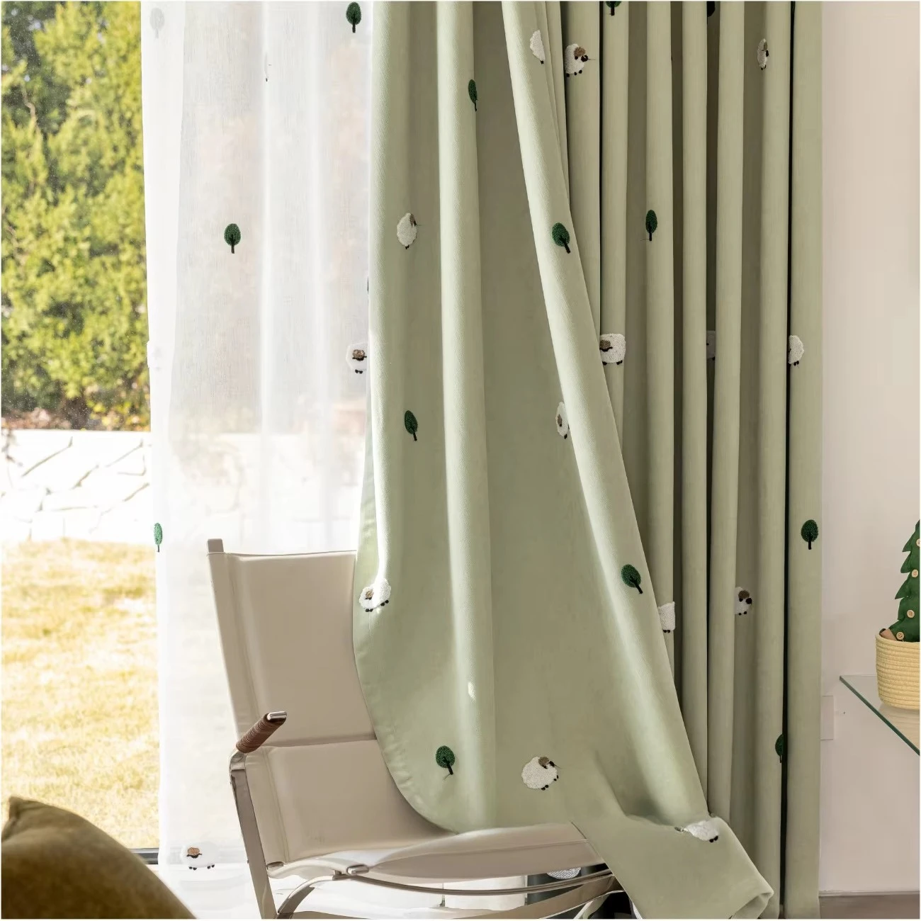 Custom Size Cartoon Lamb Pine Towel Embroidered with Thick Chenille Blackout Window Curtains for Living Dining Room Bedroom