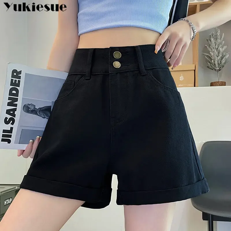 Harajuku BF Loose Korean Style New Vintage Leisure Streetwear Summer Trousers Women Wide Leg Shorts Denim Button-fly High Waist