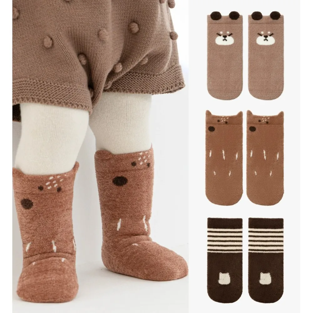 

3 Pairs Baby Socks Autumn Winter Coral Fleece Thick Warm Cartoon High Tube Socks Newborn Non-Slip Floor Terry Socks