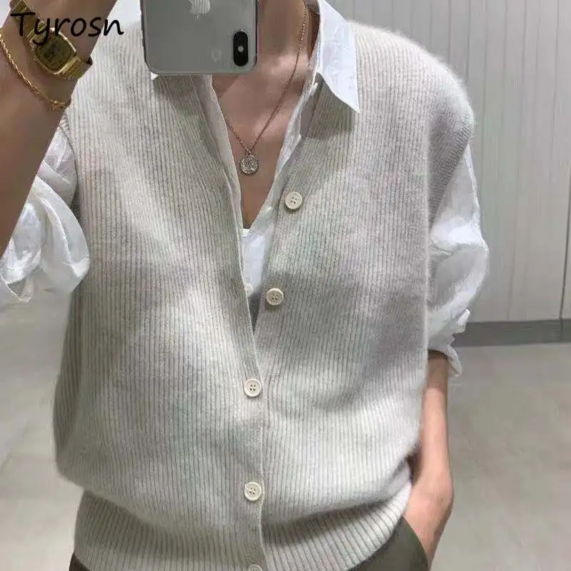 S-4XL Sweater Vest Women Clothing Retro Solid Button-up Knit Outwear V-neck Loose-fit Sleeveless Sweaters Lady Japanese Style