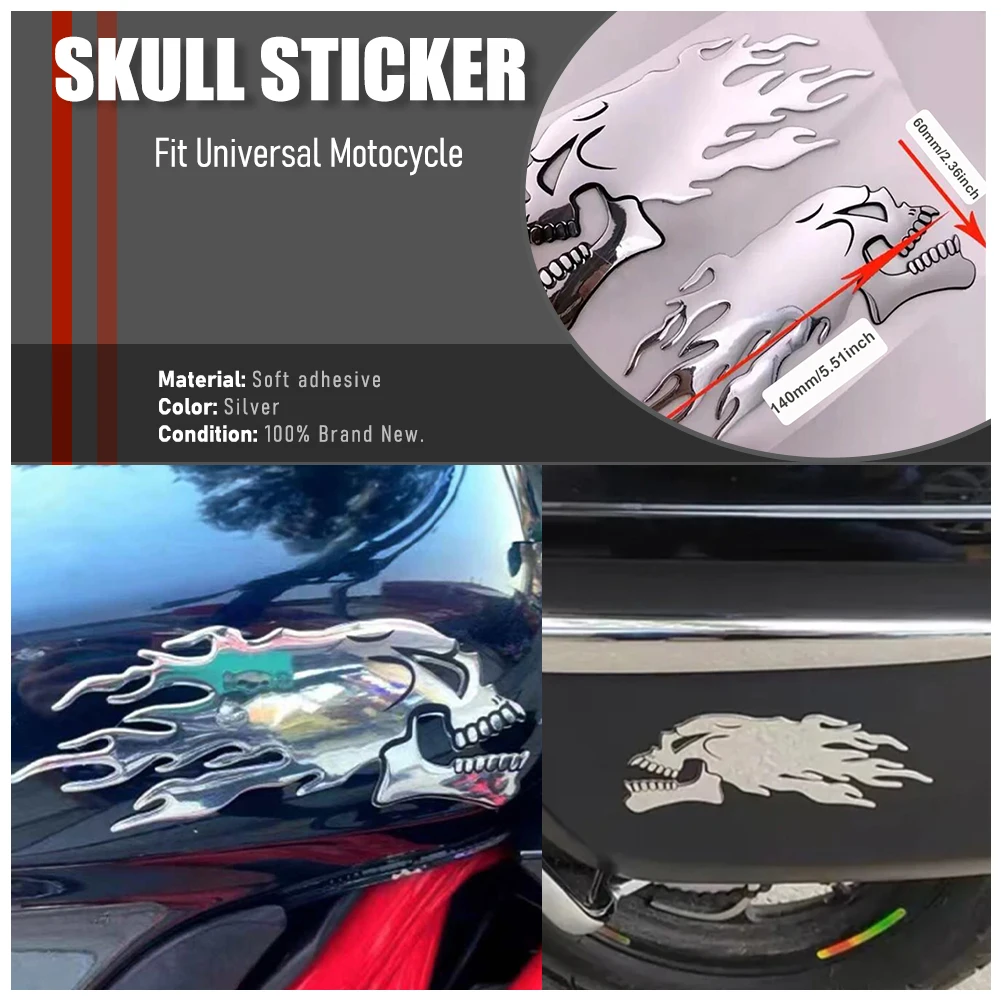 

3D Decoration Fire Ghost Skull Head Auto Hurricane Chrome Plating Motorcycle Stickers 2pcs/Pair Silver