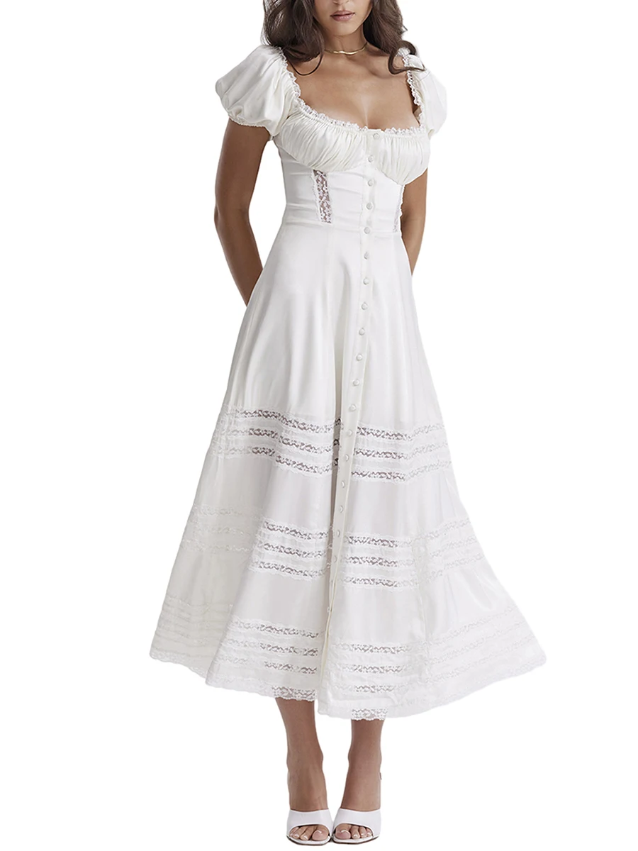 

Women Puff Sleeve Long Bustier Dress Square Neck Lace Patchwork Swing White Dress Elegant Summer Low Cut Party Dresses