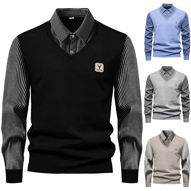 Soft Elastic Long Sleeve Knit Shirt Men Faux Two Piece Striped Collar Embroidery Detail Cold Season Thermal Pullover