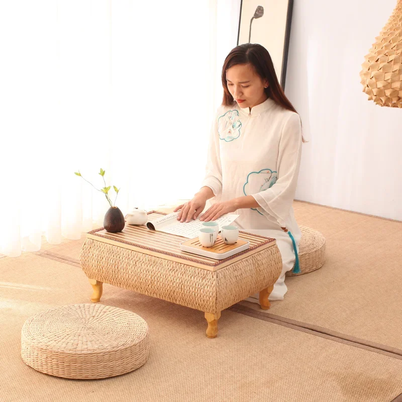 

Wholesale Vine Woven Japanese Tatami Coffee Tables Zen Style Bay Window Mini Storage Small Square Low Desk Living Room Furniture