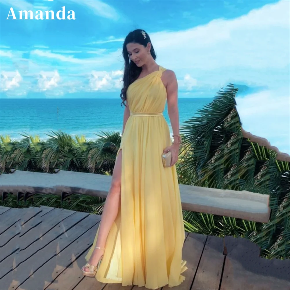 

Amanda Light Yellow Vestidos De Noche Seaside One Shoulder Prom Dress Elegant Silk Chiffon Side Split فساتين مناسبة رسمية