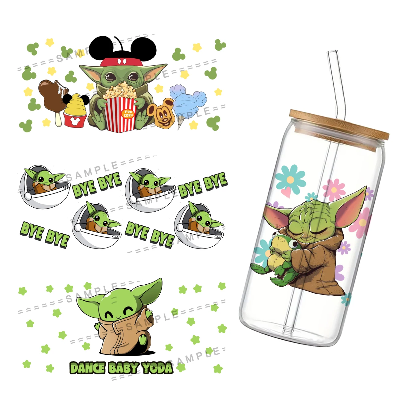 Star Wars Yoda Pattern UV DTF Transfer Sticker Waterproof For 16oz Glass Cup Wrap Stickers