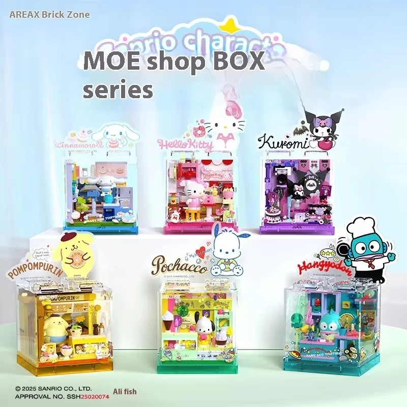 Sanrio area-x mini loja blocos de construção conjunto com kuromi cinnamoroll hangyodon kawaii tijolos para meninas presente aniversário caixa cega