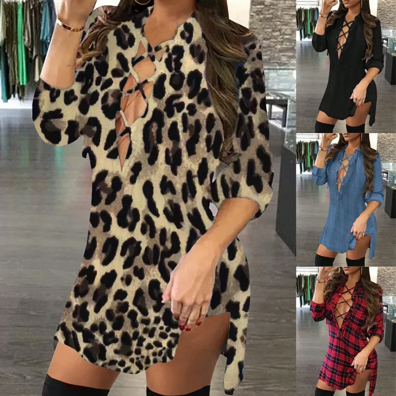 2024 Autumn New Arrival Fashion Leopard Print Dress with Wide-straps Loose-fit Women's Tops Blouse Shirts Long Sleeve