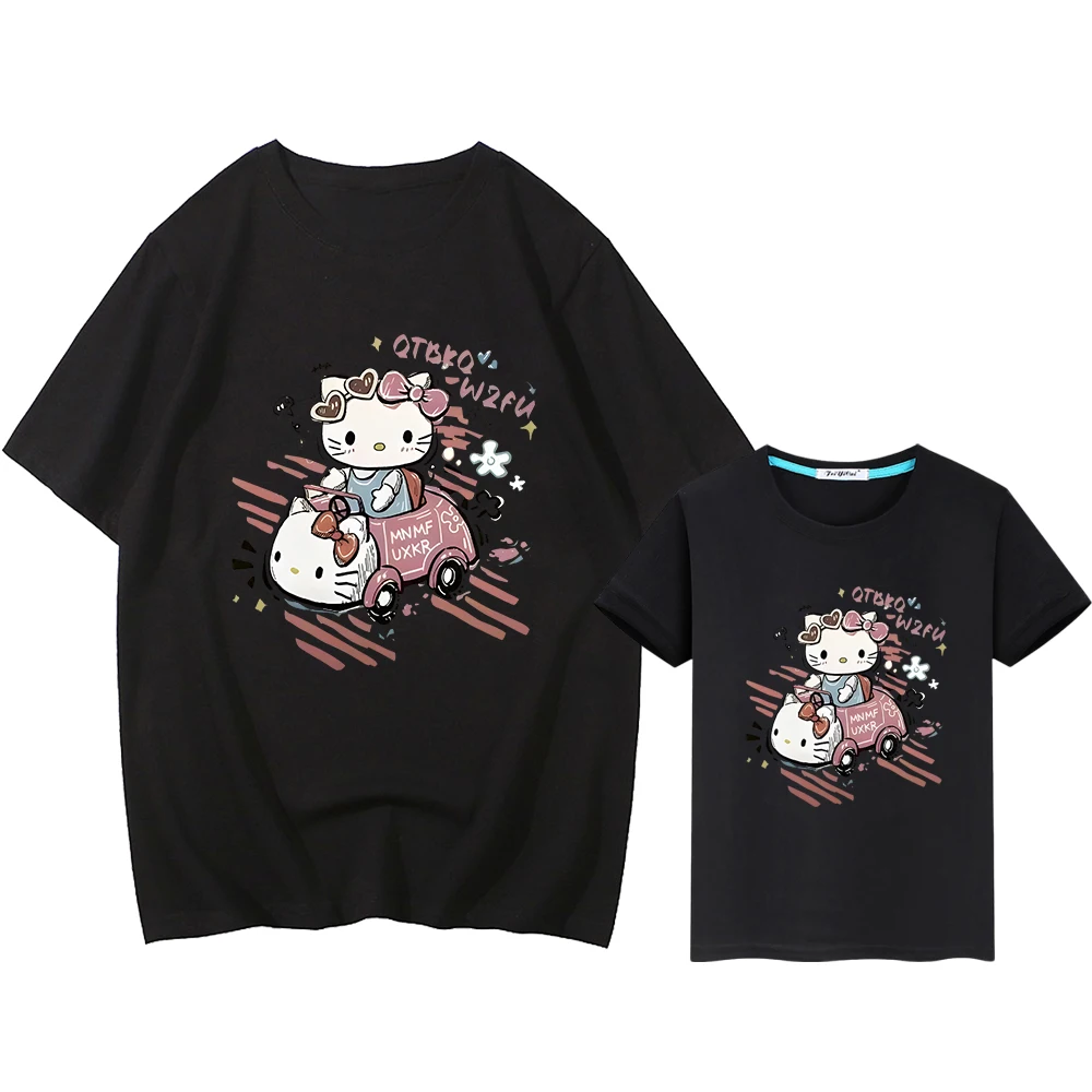 Camiseta con estampado de hello kitty para hombres y mujeres, ropa a juego, 100% algodón, Anime corto, y2k, mamá e hija, trajes familiares