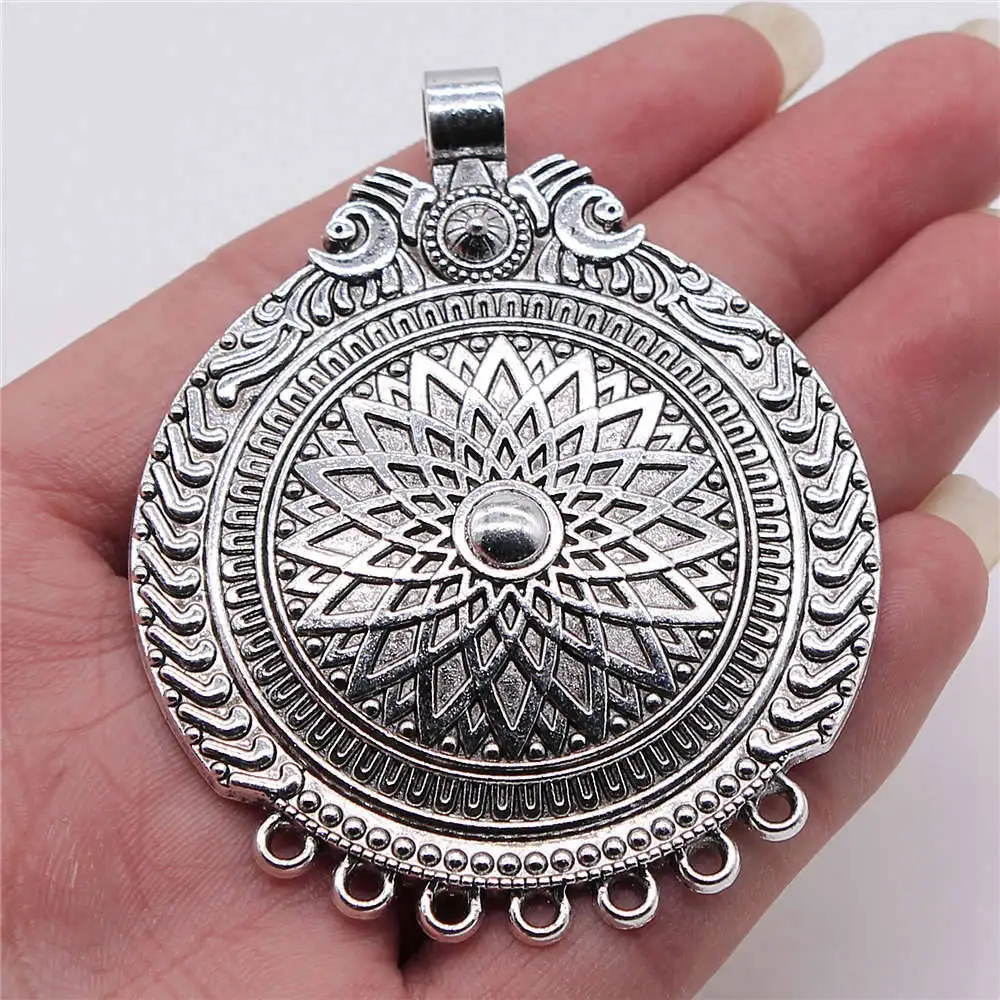 1pcs/lot 57x71mm Carved Large Round Wafer Charms For Jewelry Making Antique Silver Color 2.24x2.8inch