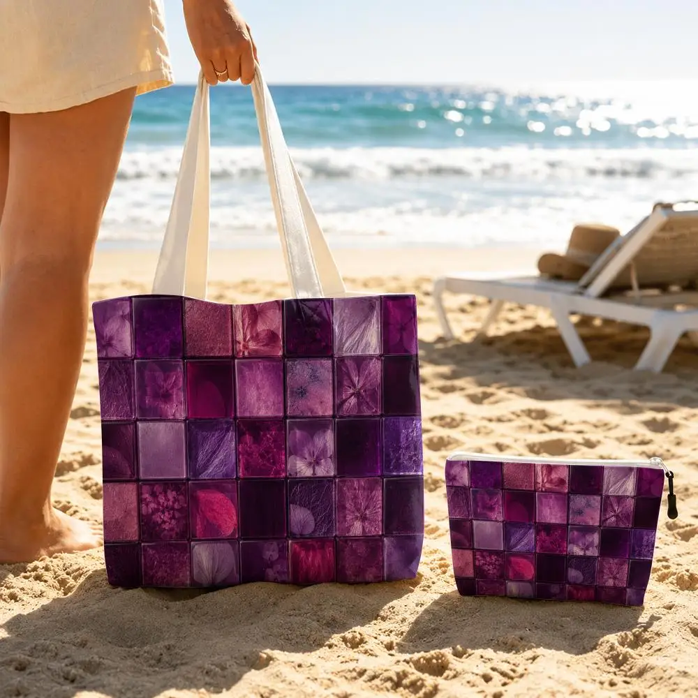 Luxury Mosaic Glass Storage Bags 2-Piece Double-Sided Printed Canvas Tote Bag Set with Zipper Shoulder Bags Handbags