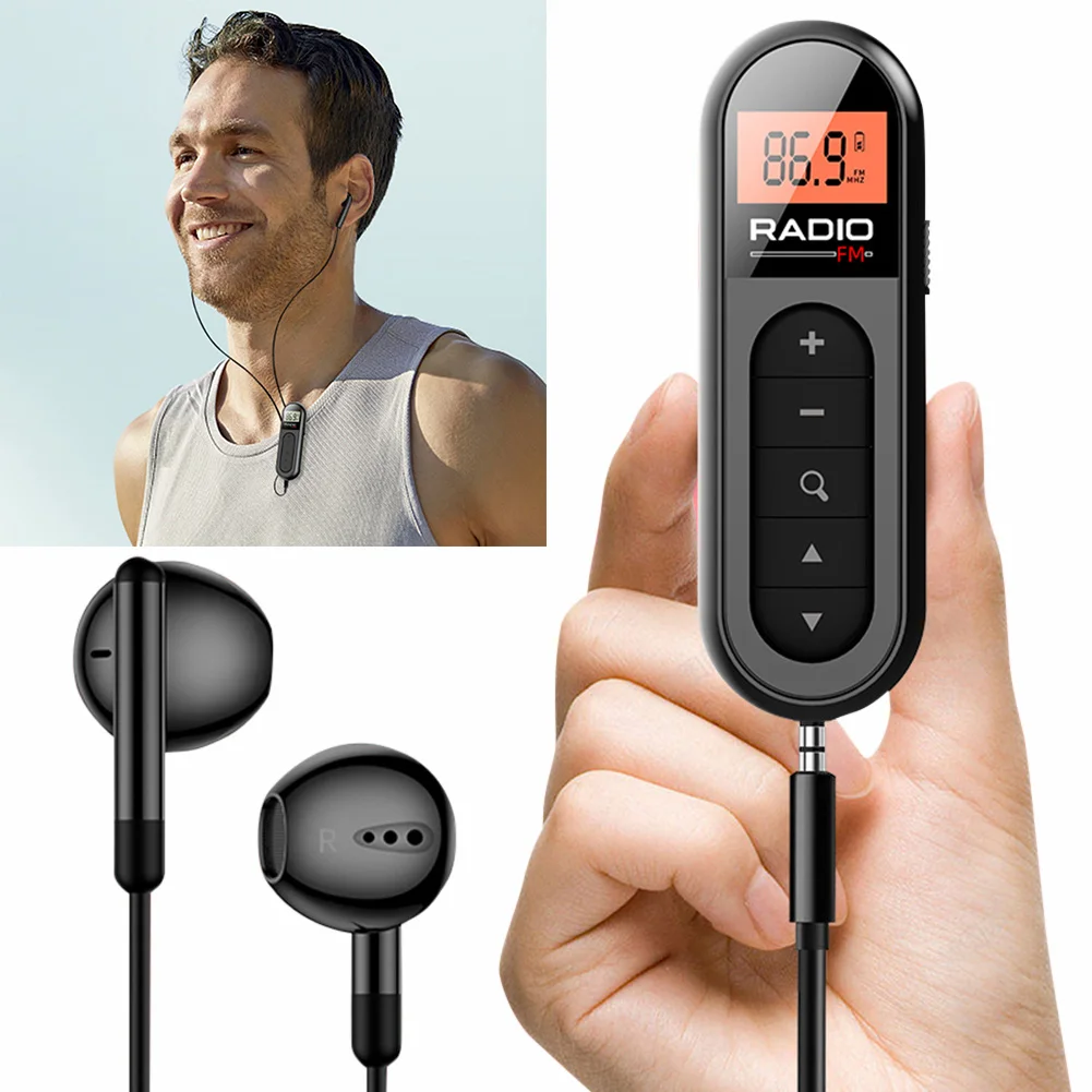 Mini rádio fm de bolso recarregável walkman rádio com luz de fundo display lcd 3.5mm fone de ouvido jack para conferência guia turístico corrida