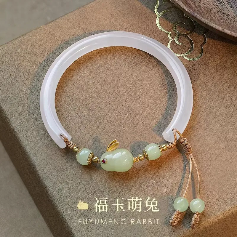 Natural Hetian Jade Rabbit Bracelet Ice Type Chalcedony Jewelry Festival Birthday Gift For Girlfriend