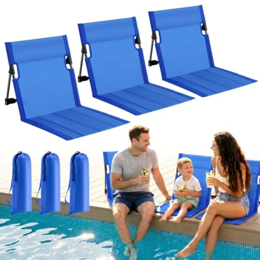 

3 Pack Portable Poolside Chairs for Adults: Navy Foldable Lightweight Legless Ground Seat with Carry Bag, Ideal for Pool Edge,