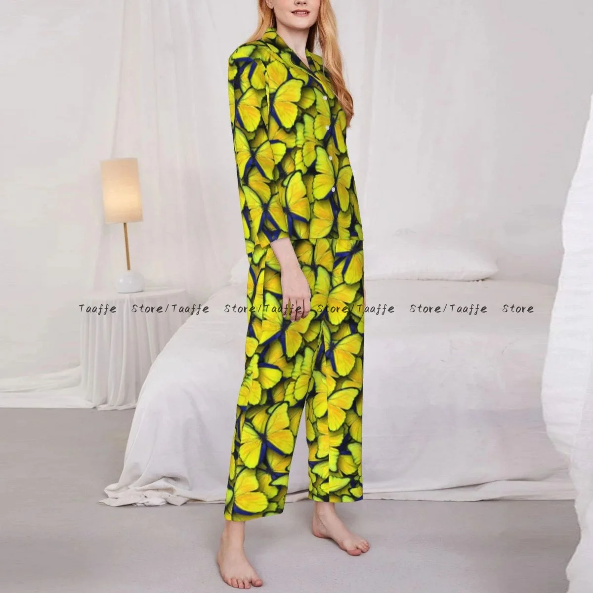 

Women Sleepwear Pajamas Yellow Butterfly Long Sleeve Pijama Female Set Negligee Cardigan Suit