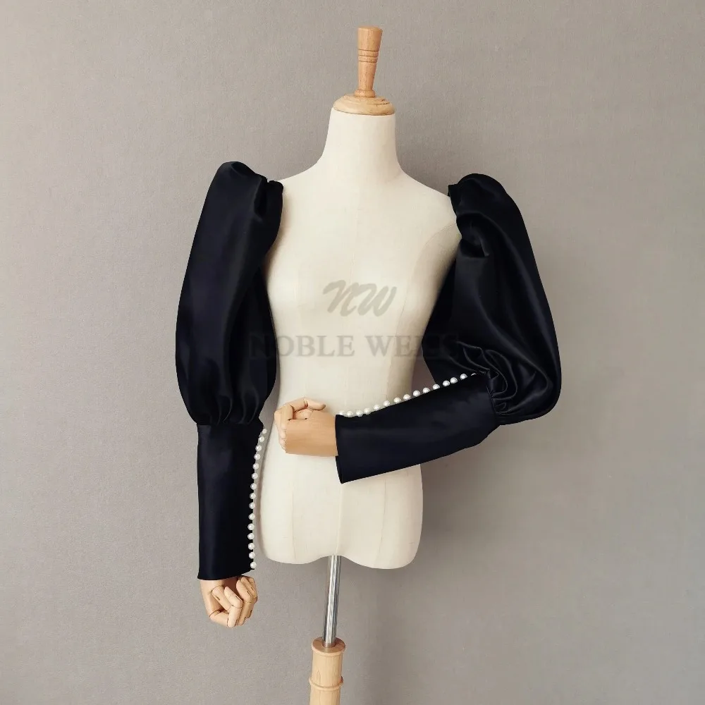 فستان زفاف Seperatel بأكمام طويلة من الساتان سترة زفاف بأكمام ذراع أنيقة لؤلؤية إخفاء الذراع أكمام كلاسيكية قابلة للفصل #2