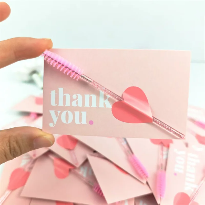 10/50 Stück Einweg-Wimpernbürsten, Mascara-Stäbchen mit rosa Kristallgriff und Dankeskarten, Wimpernlifting-Make-up-Tools – Detail 1