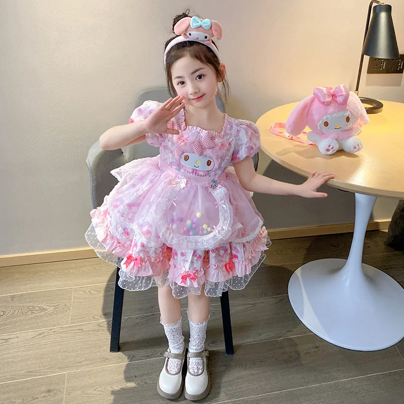 2024 Cosplay Sanrio Mymelody Pink Princess Dress Children Birthday Party Costume Summer Lolita Puffy Skirt Dress Suit Girls Gift