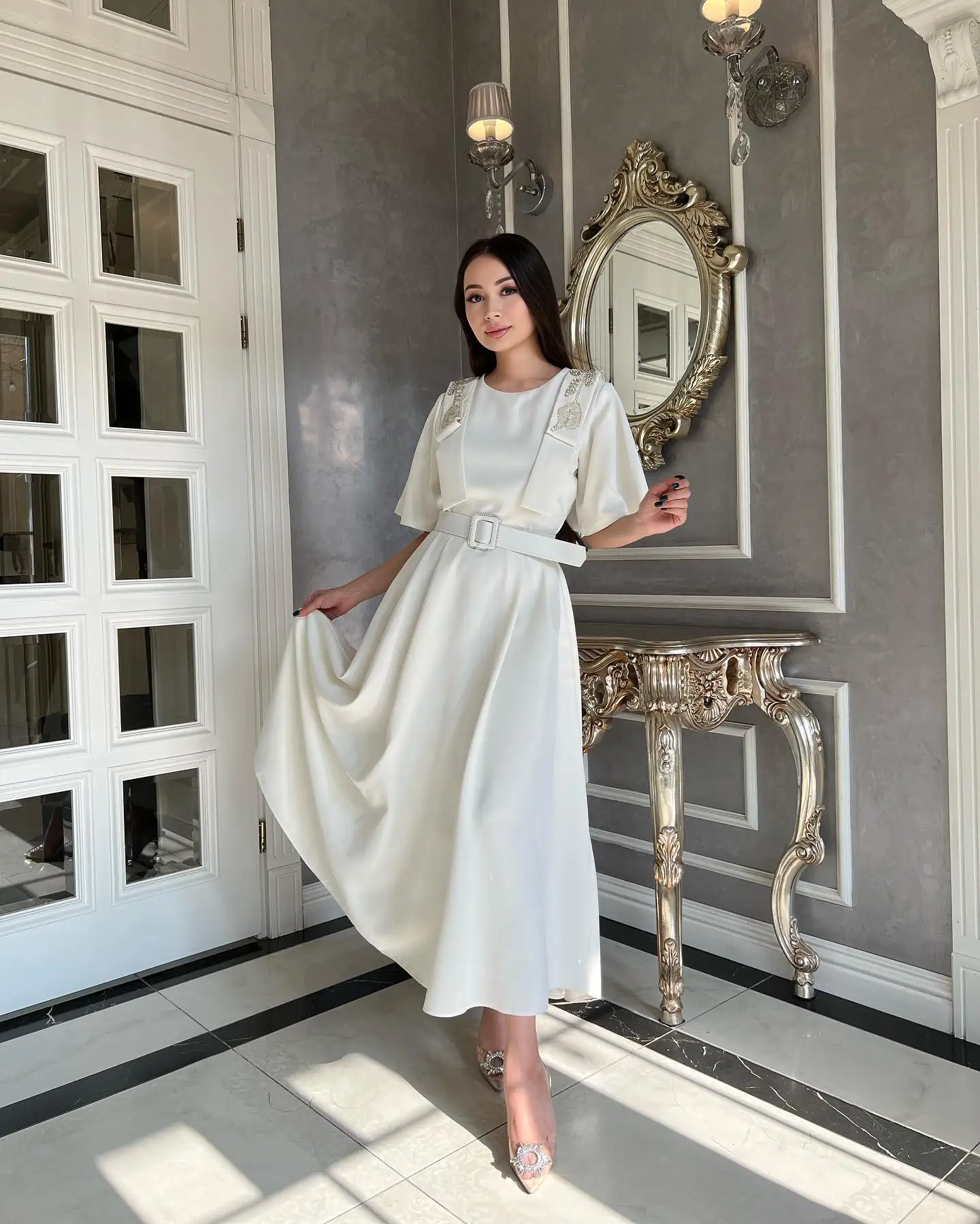 Customized Temperament Jersey Belt Crystal Evening Dresses High Quality Half Sleeves Prom Dress Custom Made Celebrity