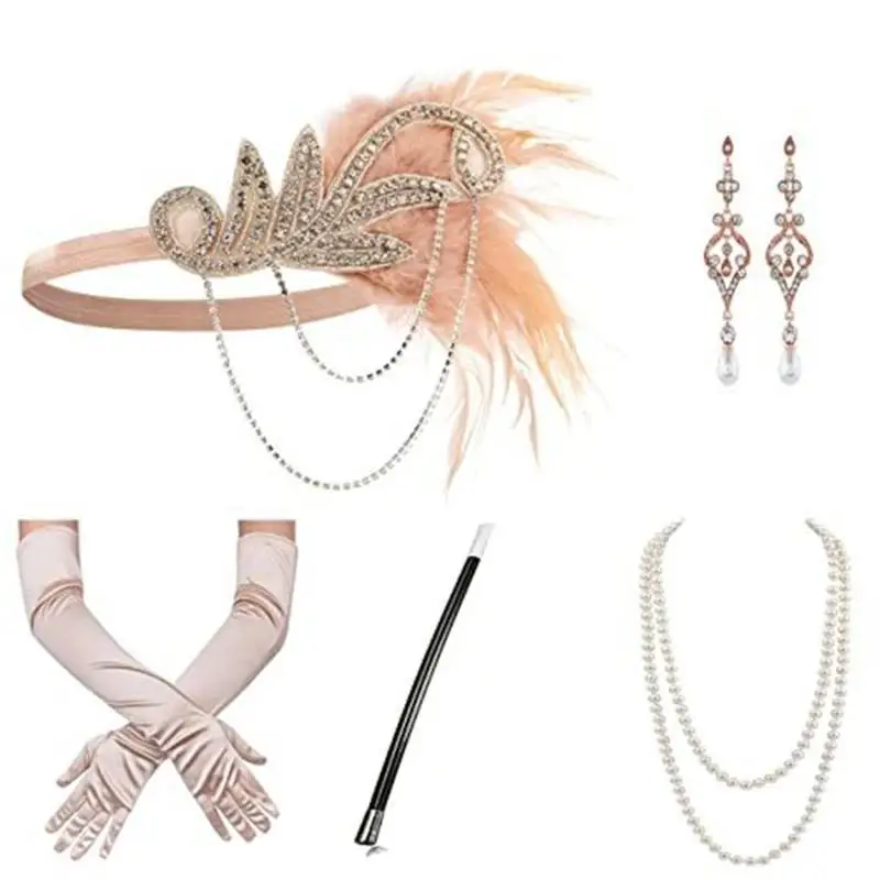 

652F Vintage Flapper Costume 1920s Women Great-Gatsby Headdress Satin Gloves Earrings Necklace Prom Party Accessories Set