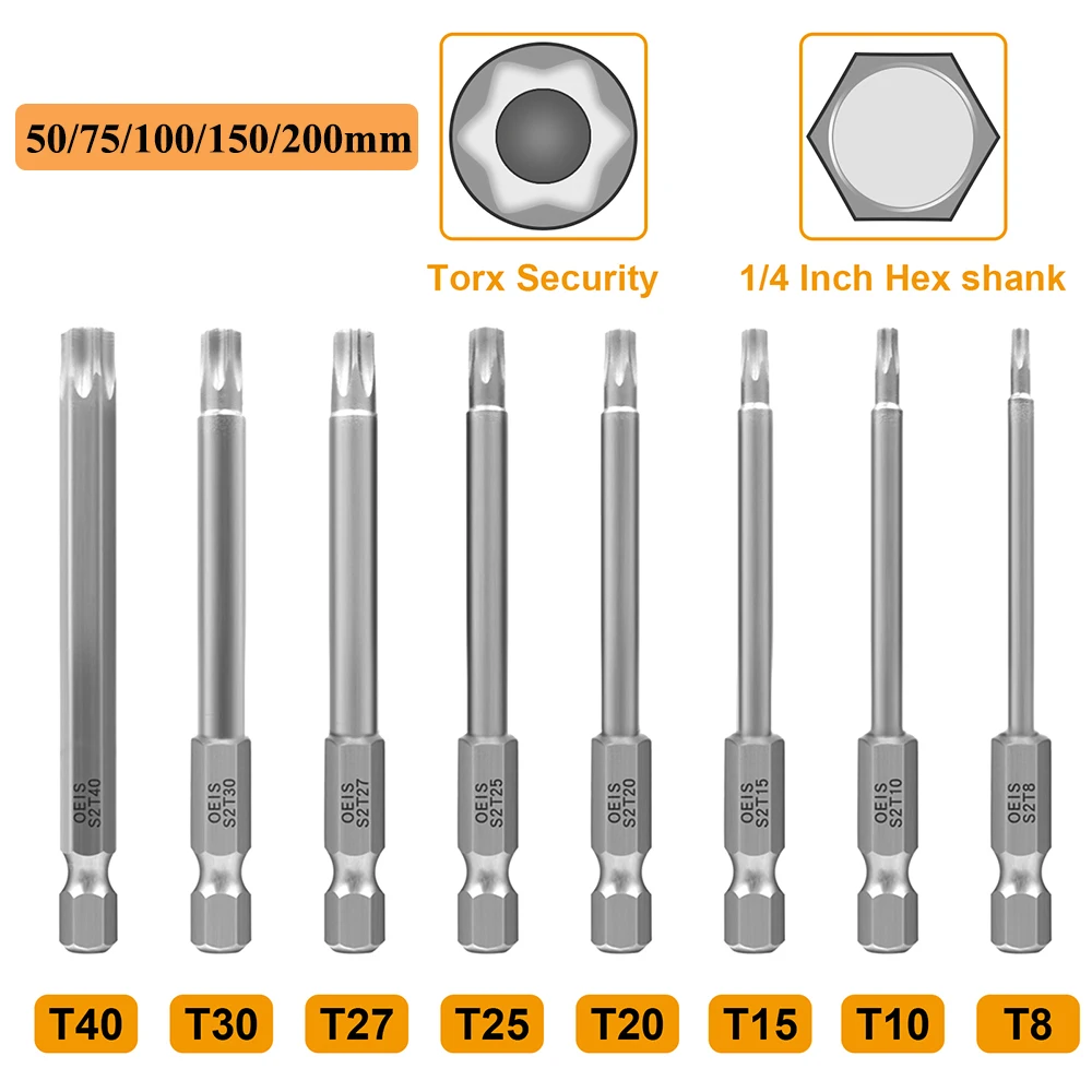 

8pcs 50-200mm Torx Bits Hex Security Bit Set Tamper Proof Screwdriver Drill Bit Screw Driver Bits Torx Head 1/4" Hex Driver Bits