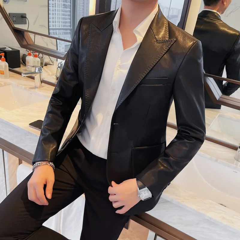 2023 Autumn Classics Solid Color Leather Suit Jacket Men Slim Casual Business Dress Blazer Social Wedding Masculino Men Clothing