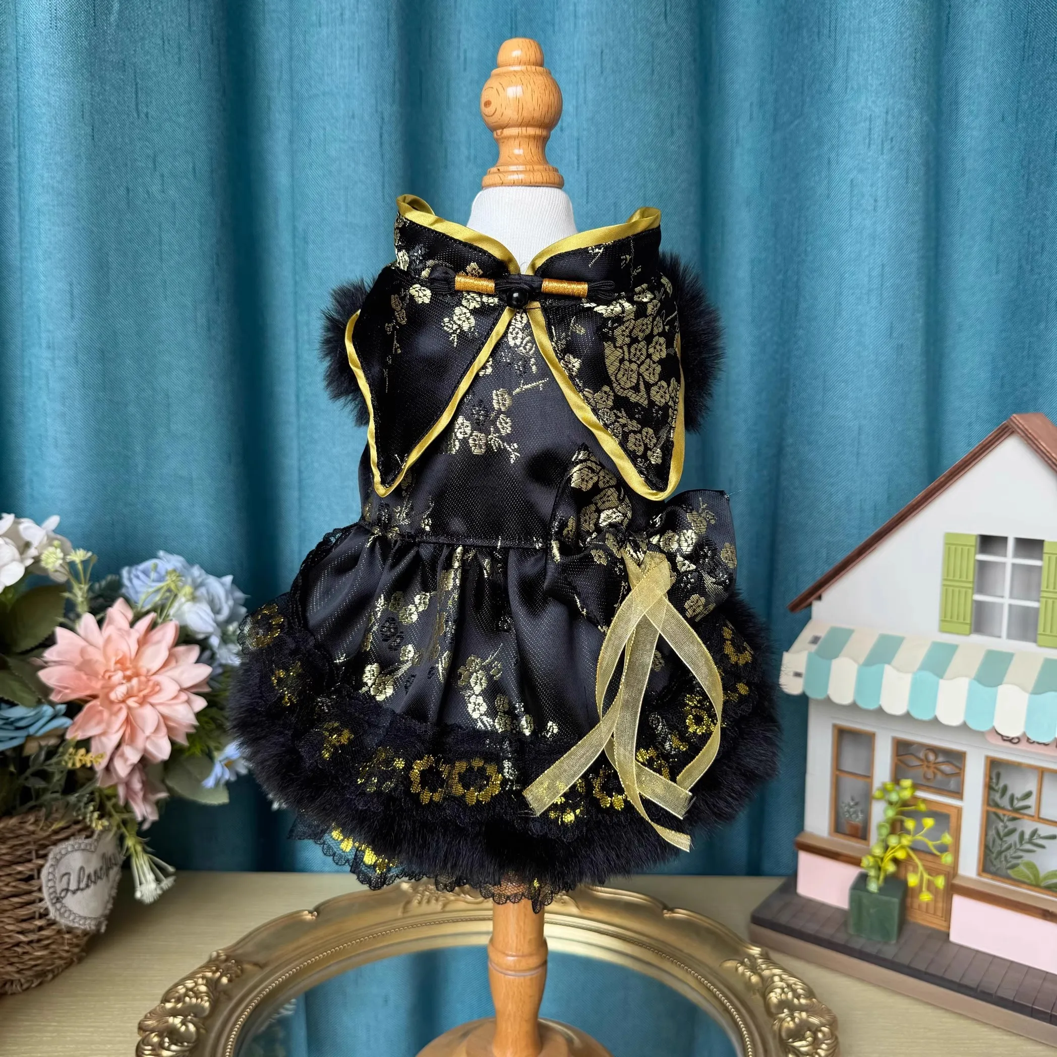 Original Chinese Style Puppy Dog Skirts Clothing Vintage Autumn Winter Black Print Party Dress For Small Medium Dog Pet Clothes